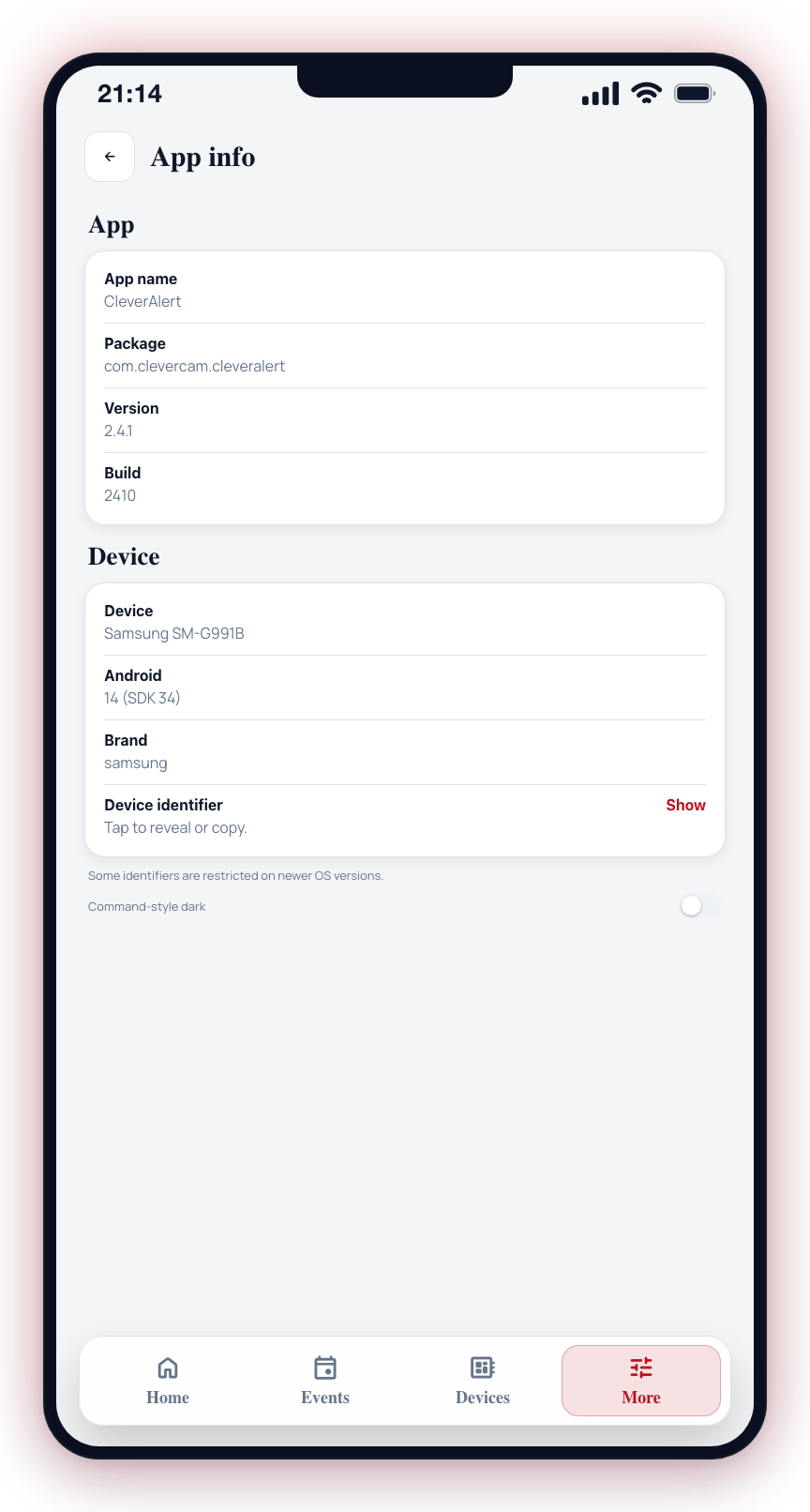 The App info screen lists the version and build, plus device details with a tap-to-reveal identifier.
