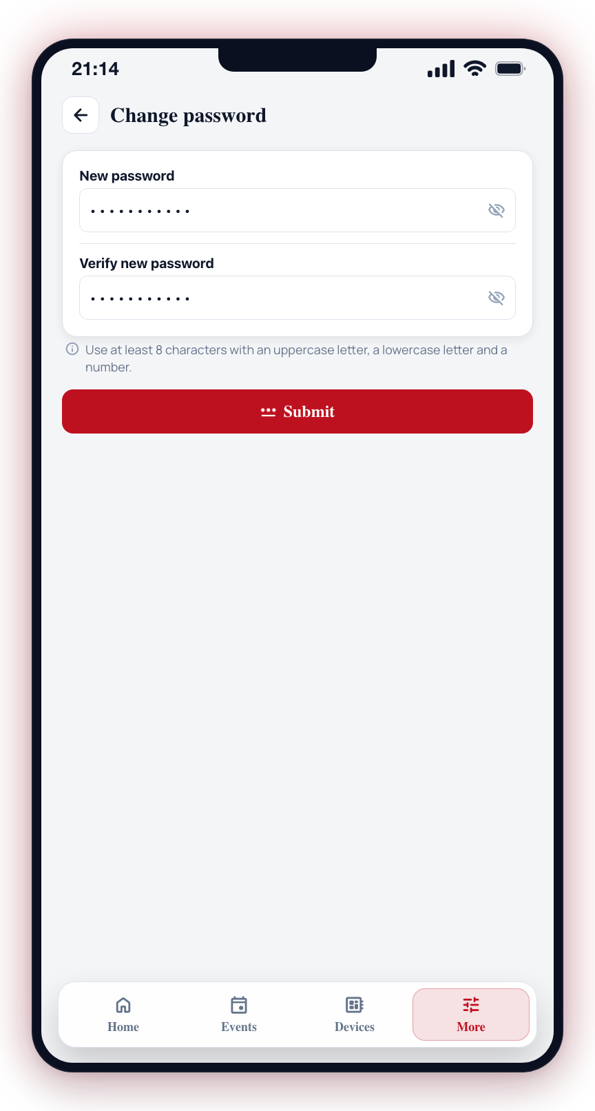The Change password screen: enter your new password, verify it, then tap Submit.