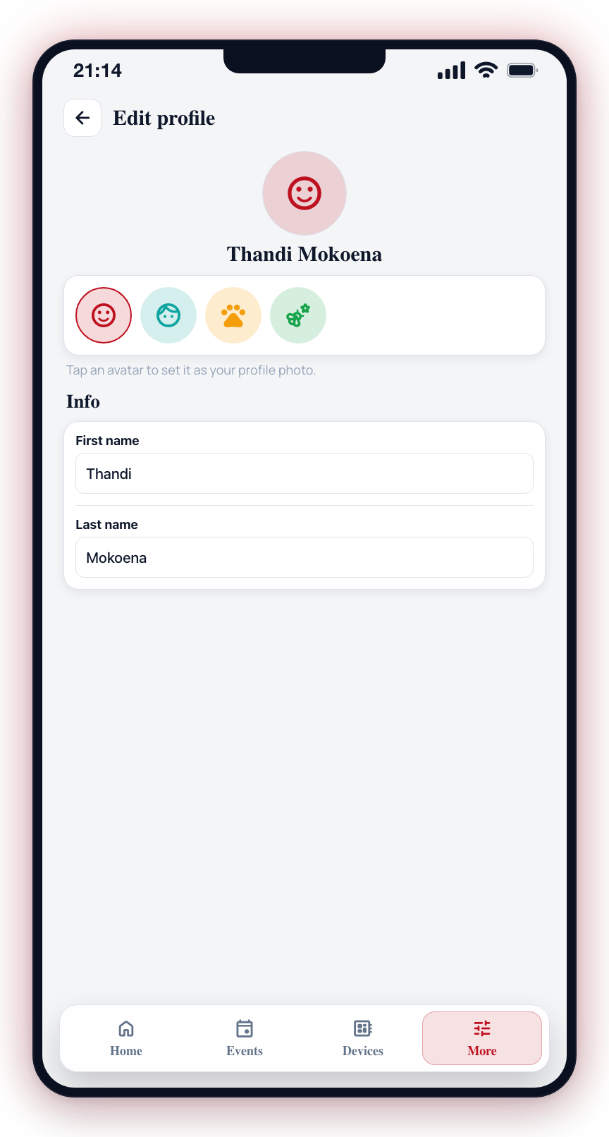 Tap an avatar in the picker row to set it as your profile photo.