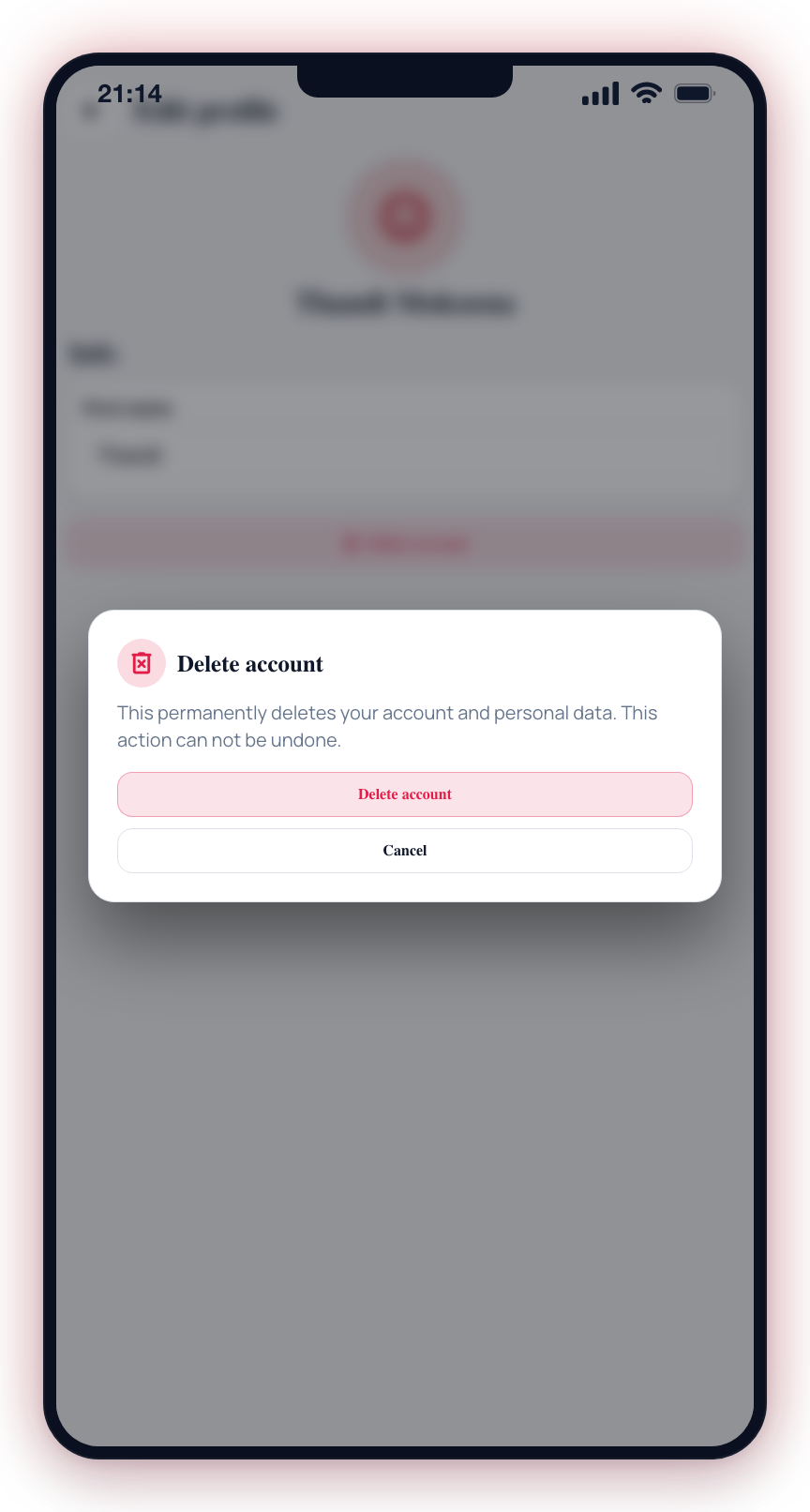 The confirmation dialog warns that deletion is permanent before you tap Delete account.