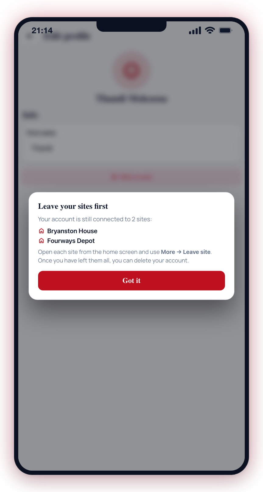 The Leave your sites first message lists every site you are still connected to.