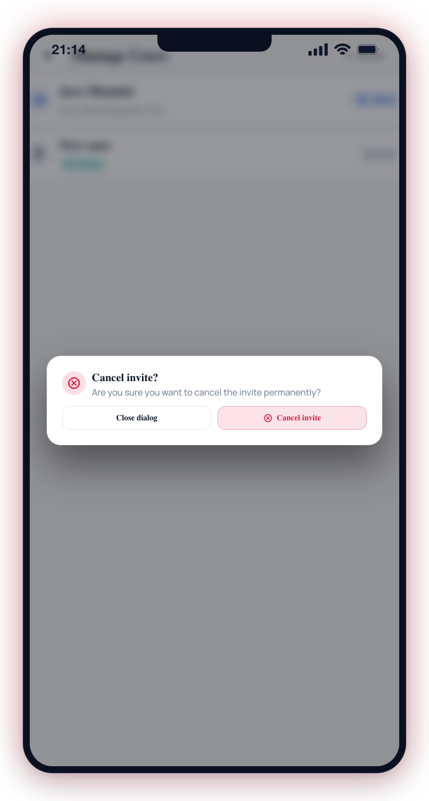 Long-pressing a pending user asks you to confirm before permanently cancelling the invite.
