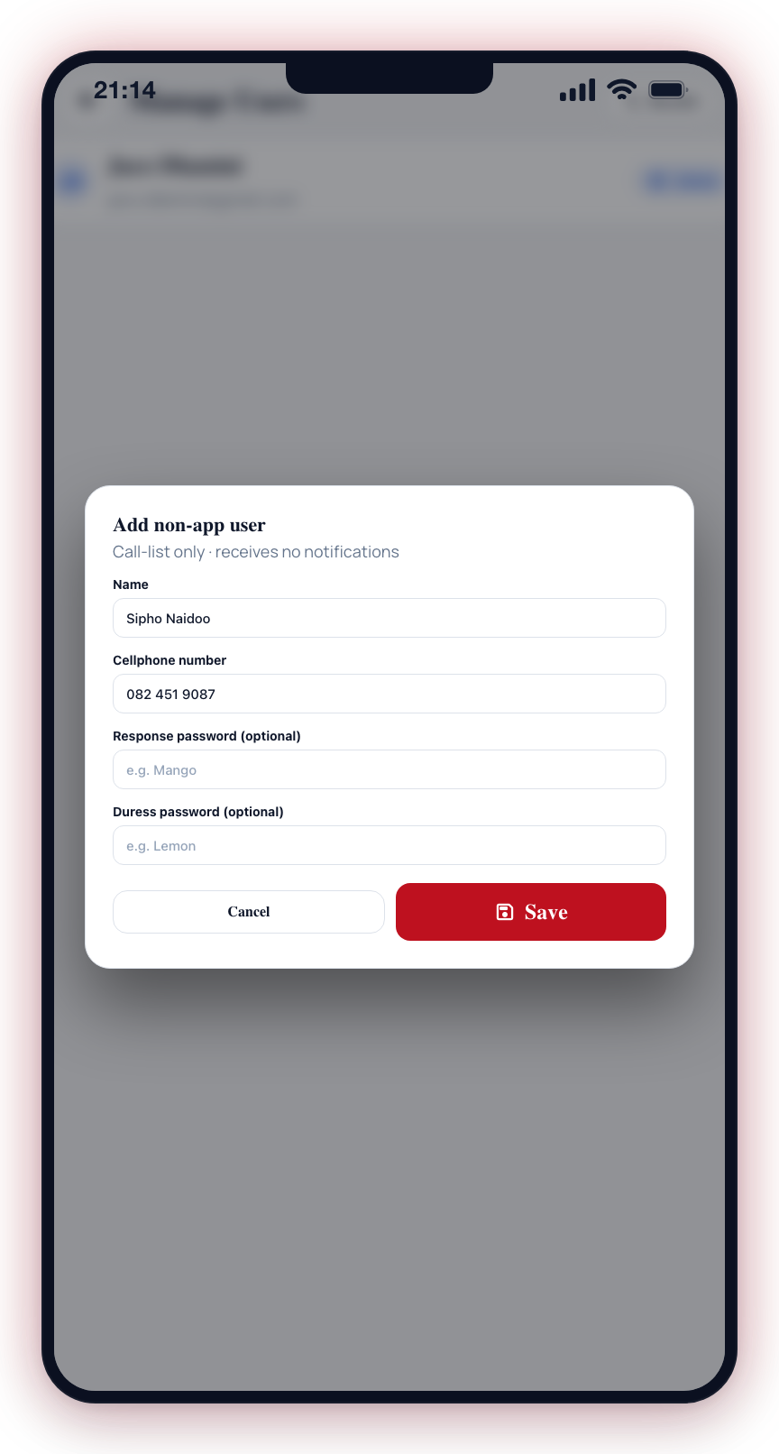 Add a non-app contact with a name, cellphone number, and optional response and duress passwords.