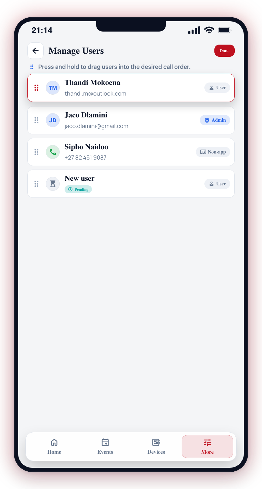 In reorder mode, press and hold a user and drag them into the desired call order, then tap Done.