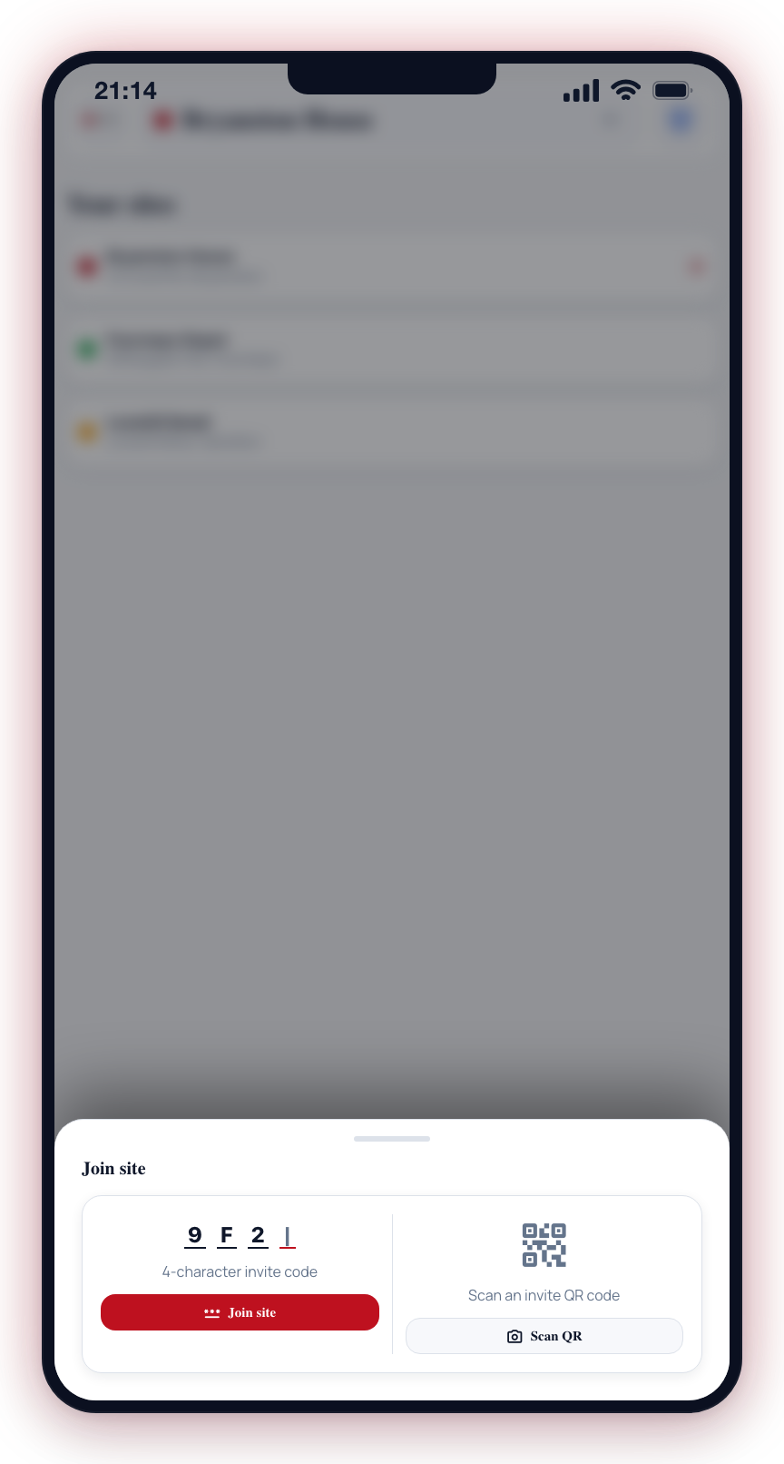 Enter a 4-character invite code and tap Join site, or tap Scan QR to scan an invite code.