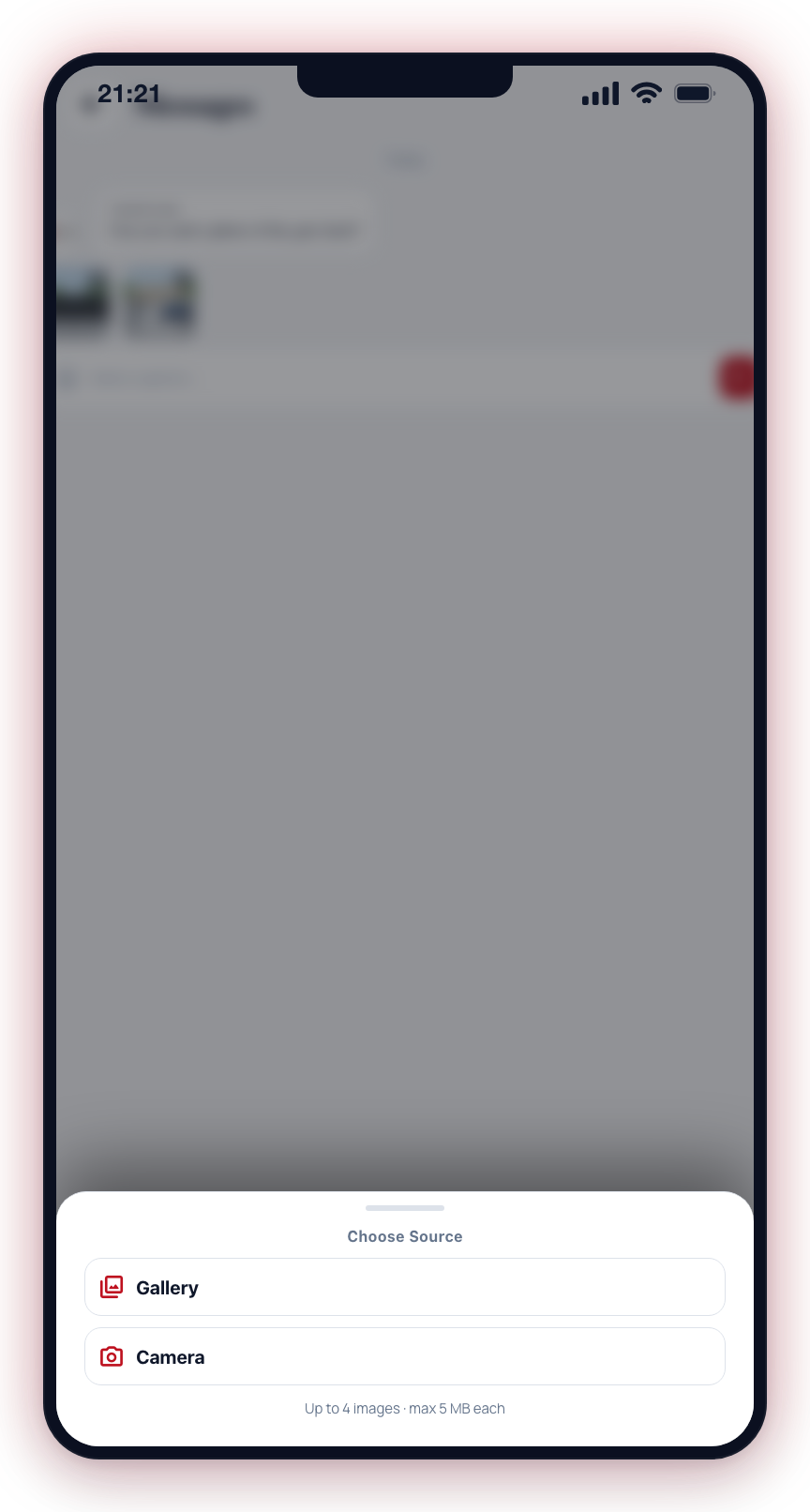Tap the image icon, then choose Gallery or Camera — queued photos preview above the composer.