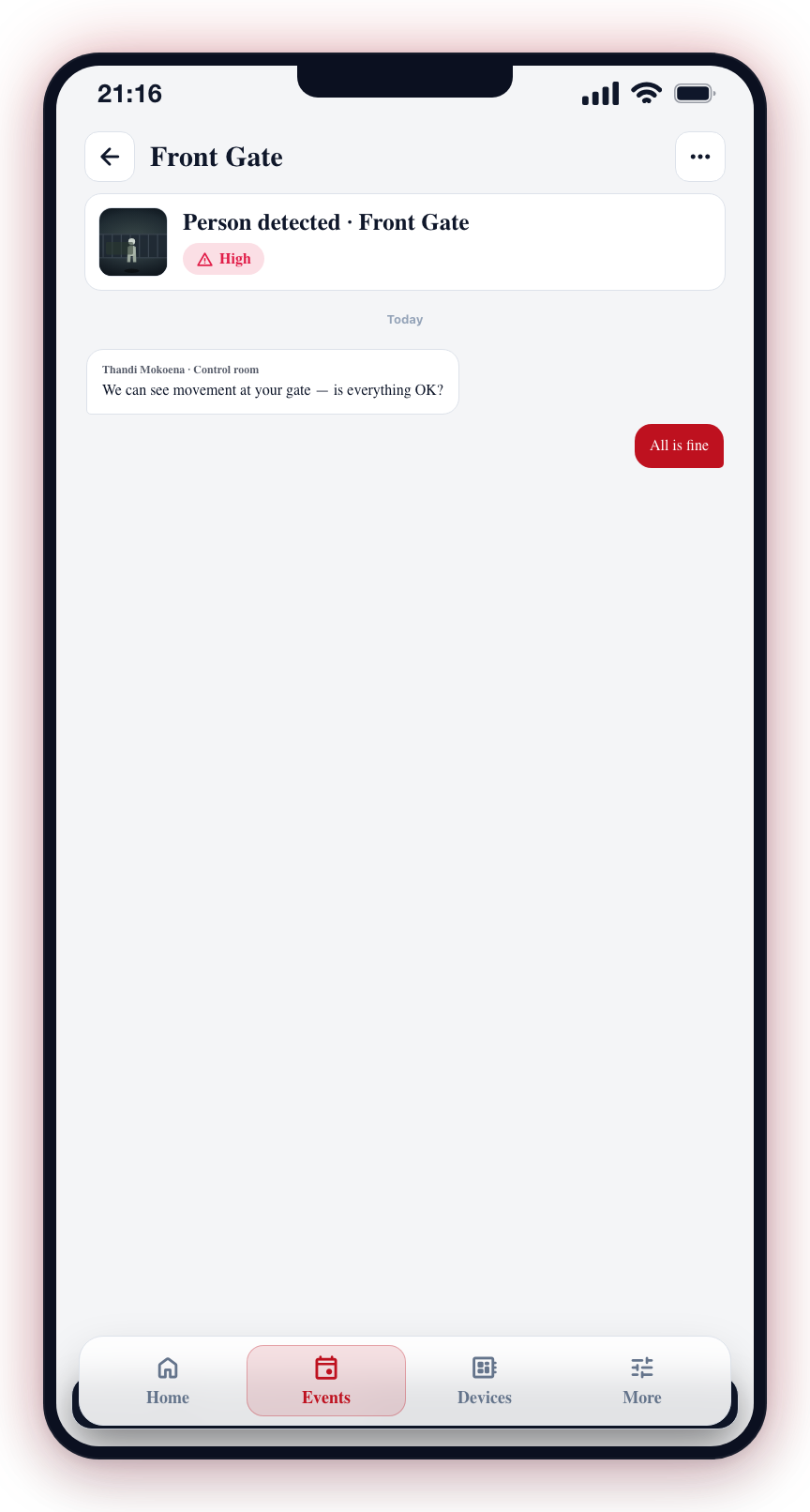 The same generic acknowledgement appears after Emergency or All is fine, so the app's response never reveals which you tapped.