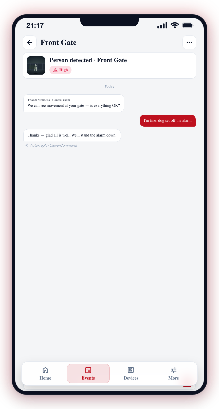 A typed reply can get an automatic acknowledgement from Clava, marked Clava · Auto-reply so you know it wasn't a human operator.