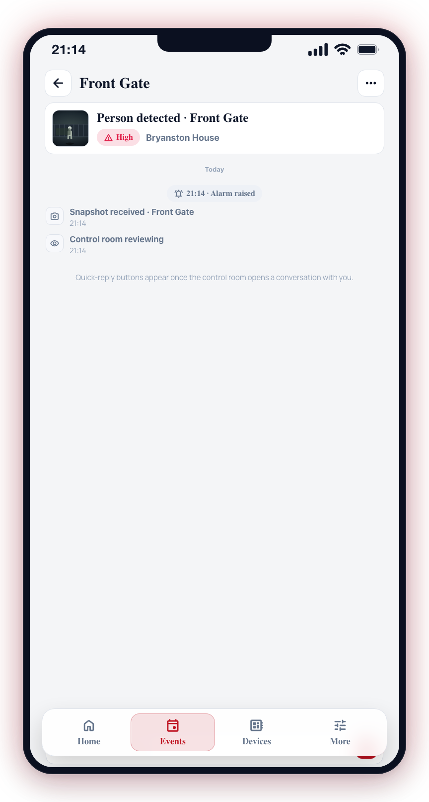 Before the control room opens a conversation, the timeline shows event details only — no chips yet.