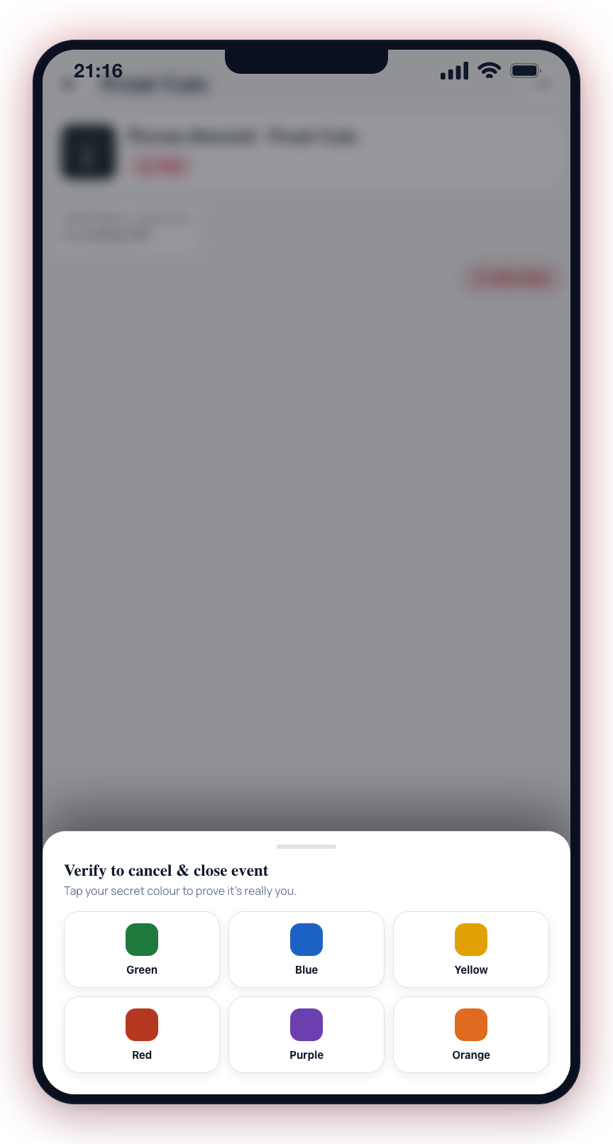 Tapping All is fine opens the Verify to cancel & close event sheet — tap your secret colour to prove it's you.