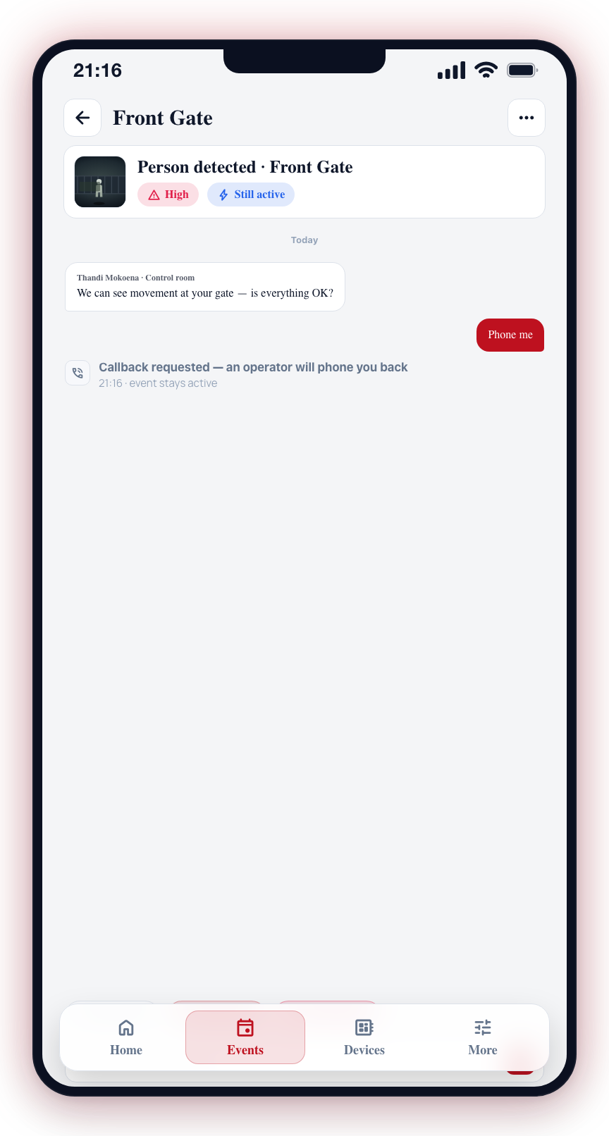 Phone me logs a callback request in the thread and leaves the event active — the chips stay available.
