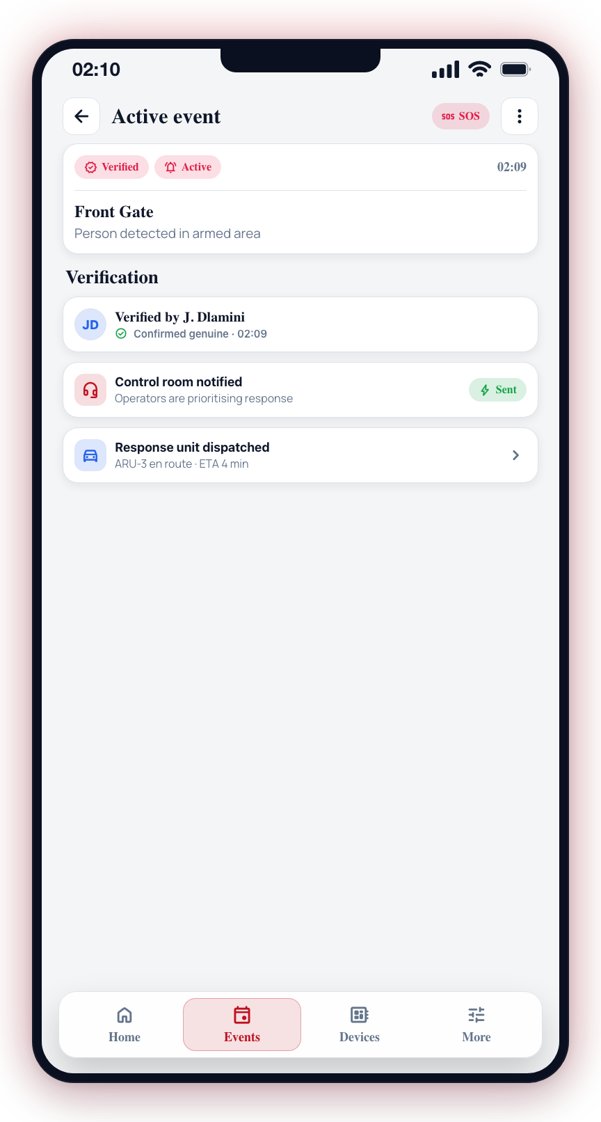 After verifying: a Verified pill, who confirmed it and when, plus control-room notification and response.