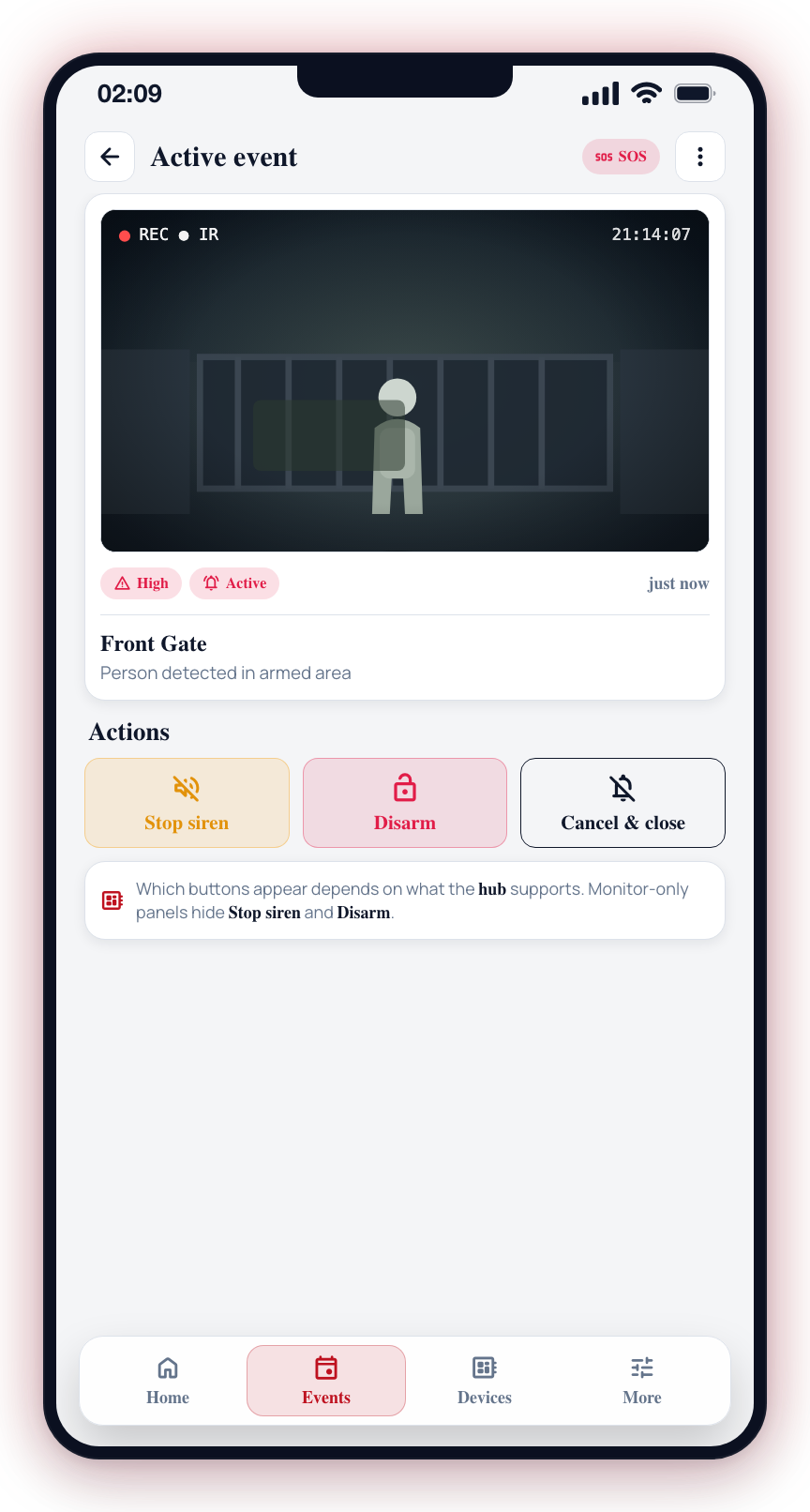 Action tiles below the event photo; monitor-only hubs hide Stop siren and Disarm.