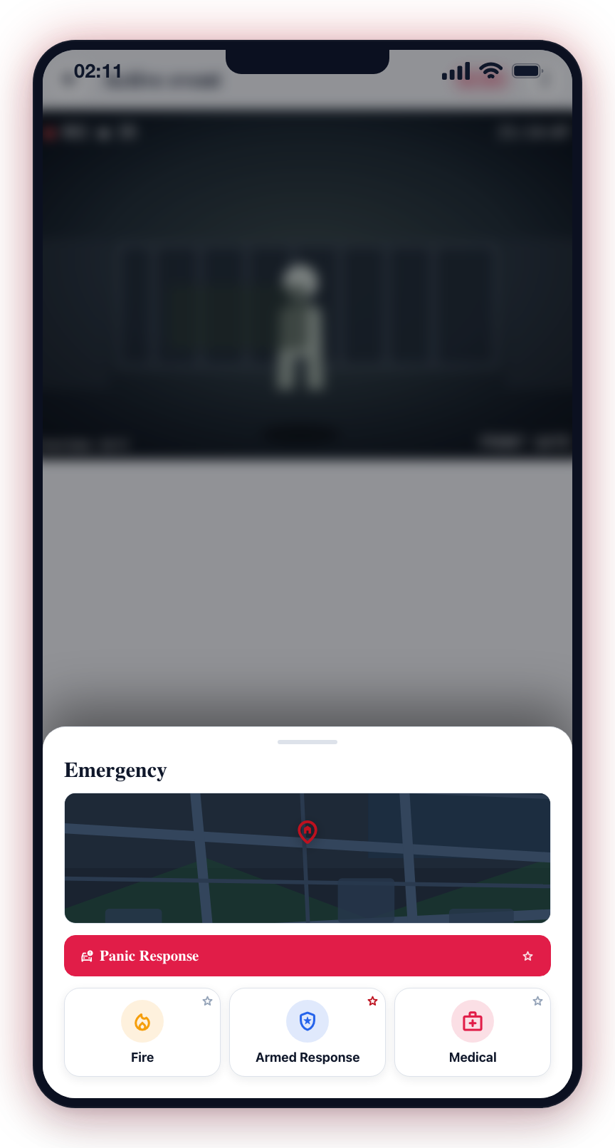 The SOS button opens the Emergency panel: Panic Response, Fire, Armed Response or Medical.