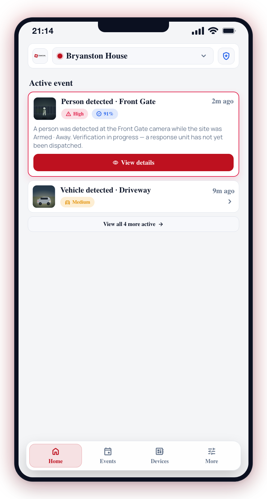 An active event card on the Home screen, expanded with image and details.
