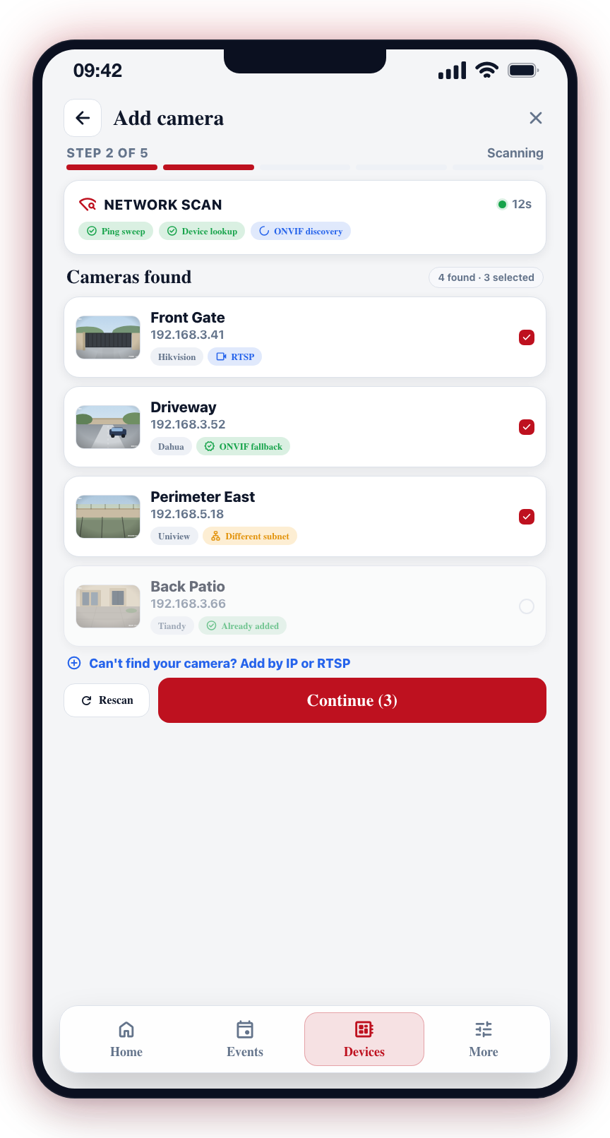 The + button opens the setup wizard, which scans the network for cameras to add.