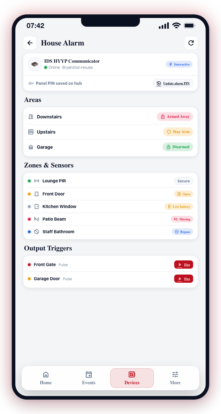 An alarm communicator hub: areas, zones and outputs.