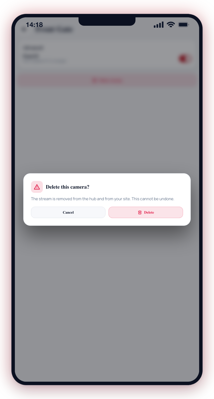 Delete stream prompts a confirmation dialog first — choose Cancel or Delete.