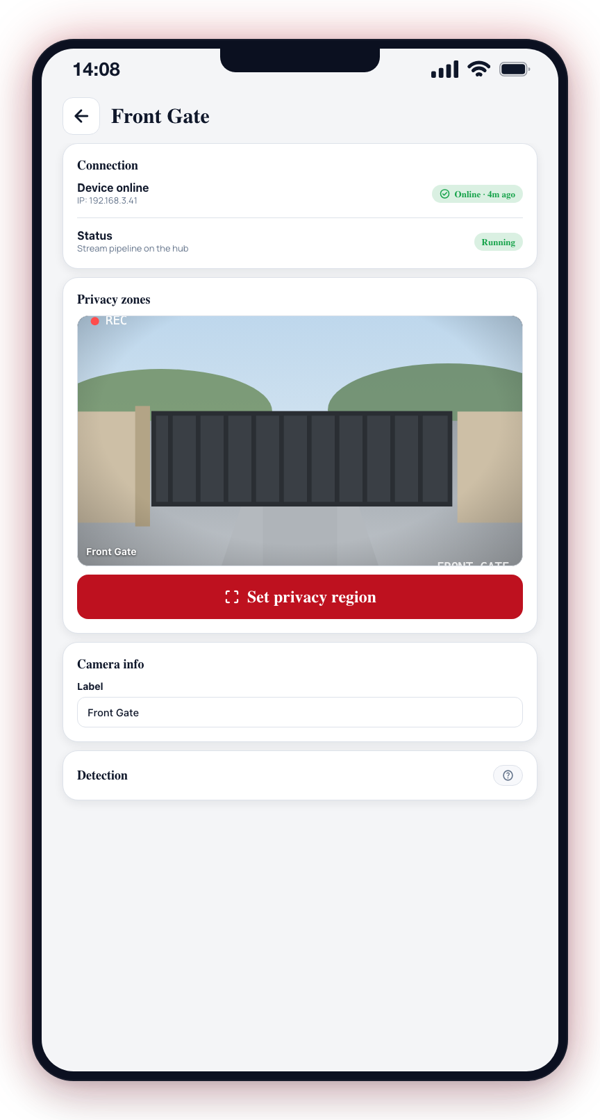 The camera details screen: the camera name in the title bar, then the Connection, Privacy zones, Camera info and Detection cards.