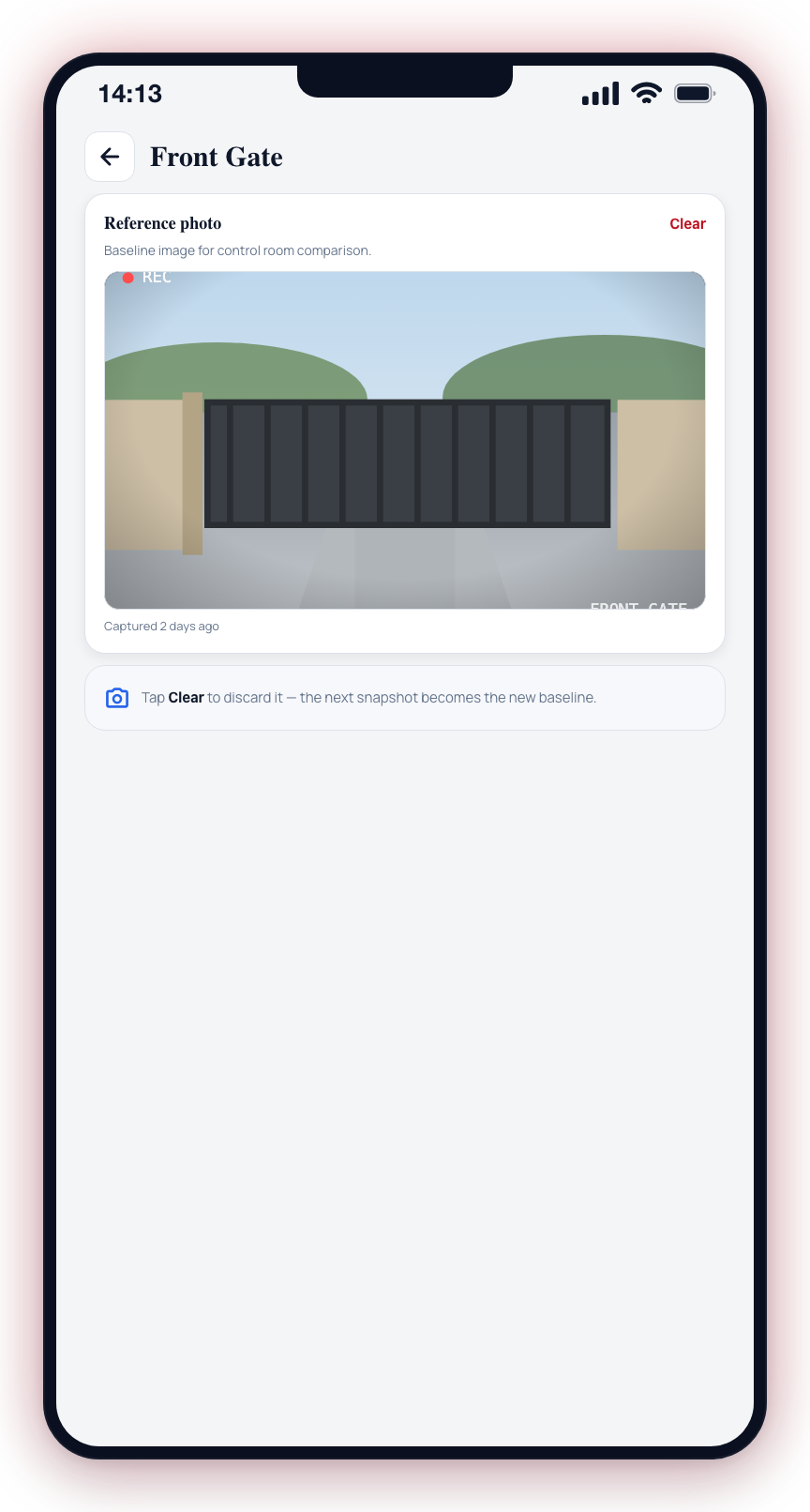 The Reference photo card shows the baseline image with the capture time; tap Clear to discard it.