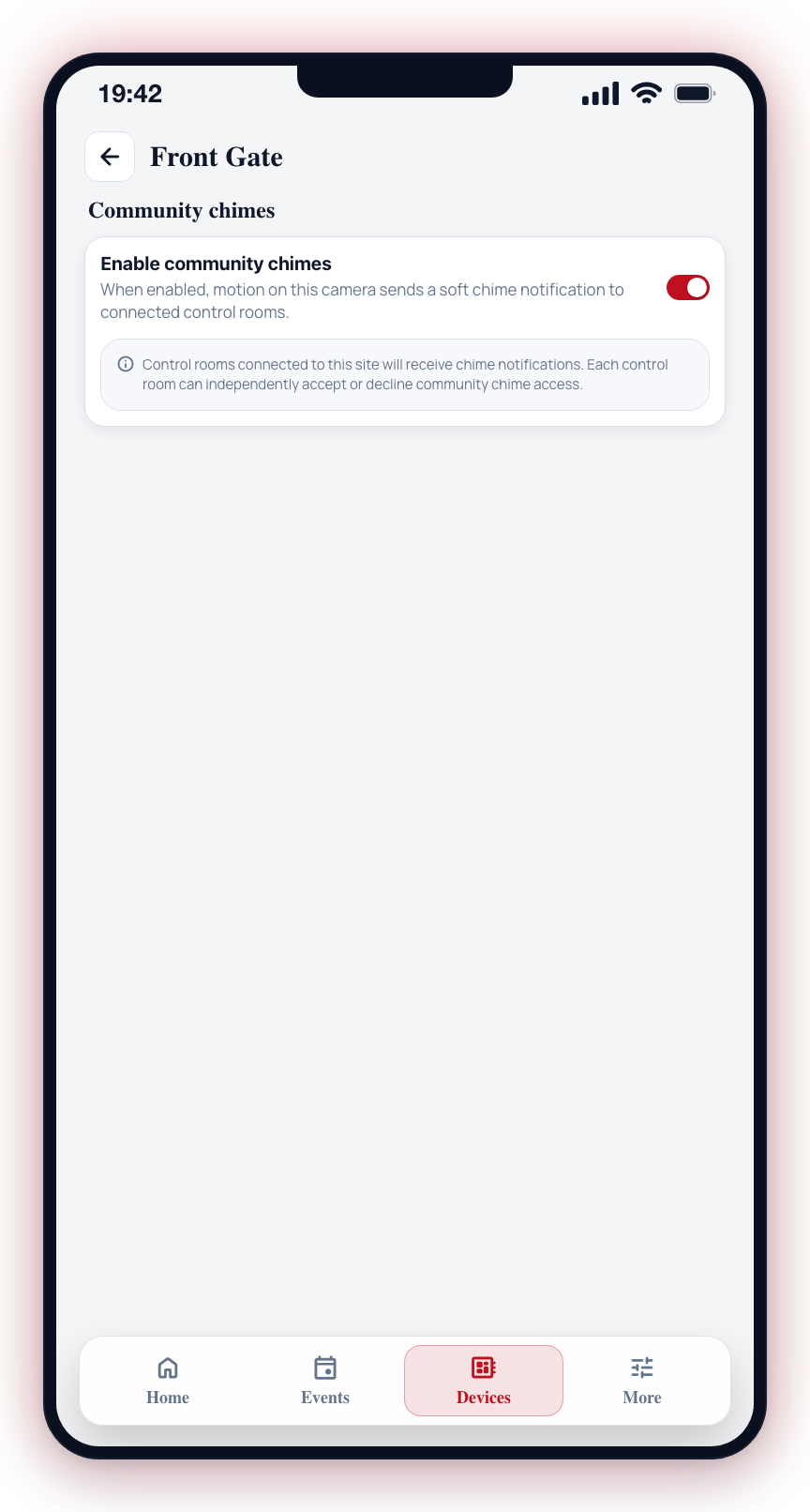 Toggle Enable community chimes on; the change saves immediately.