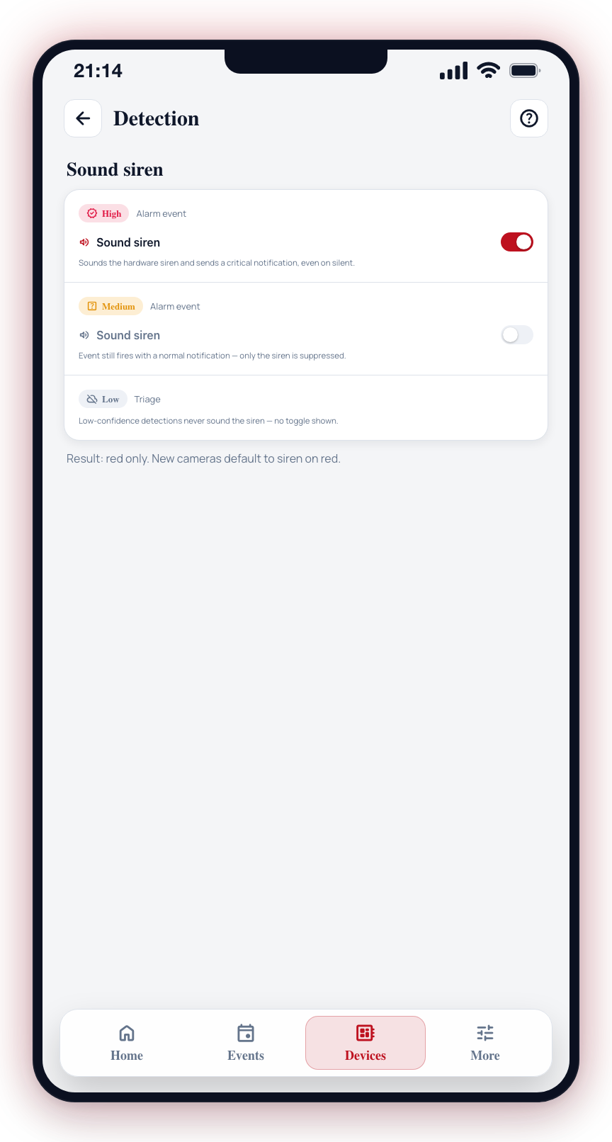 The Sound siren toggle appears under each Alarm-event grade (High and Medium confidence).