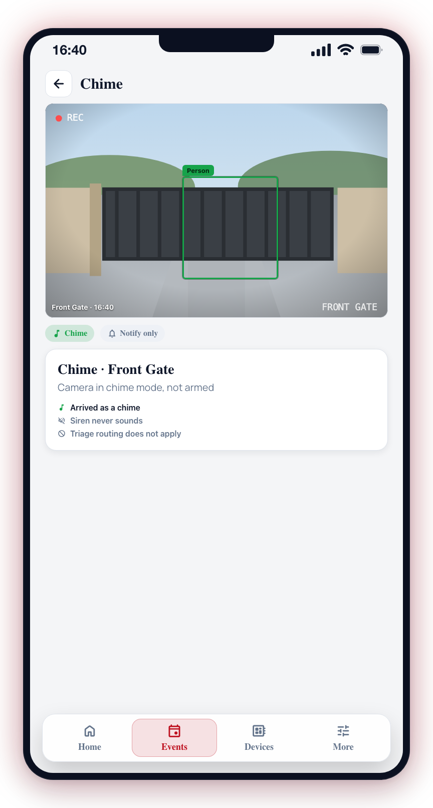 In chime mode, detections arrive as chimes with a green bounding box — no siren, no triage.