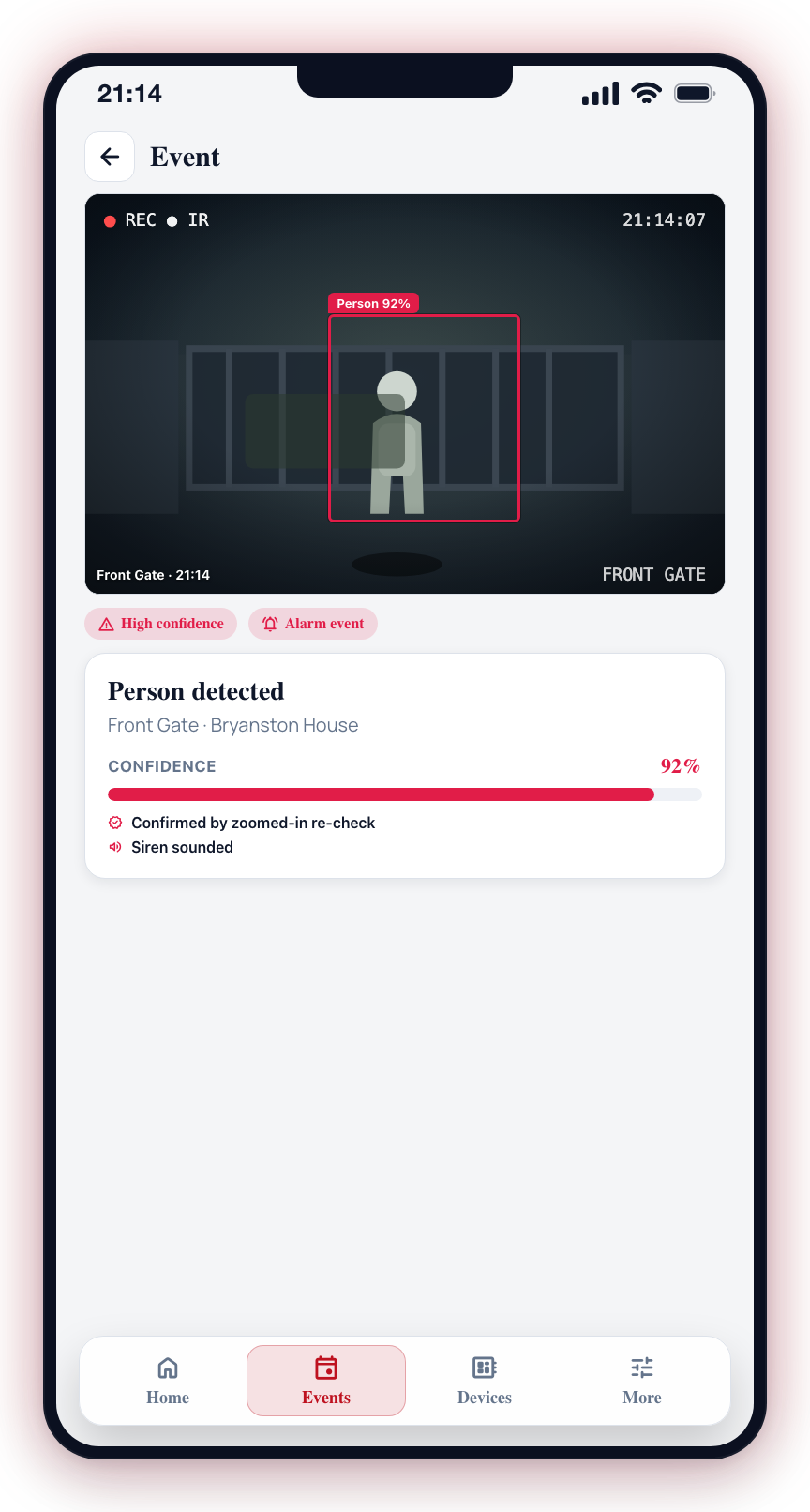 A high-confidence detection is drawn with a red bounding box and routed to a full alarm event.