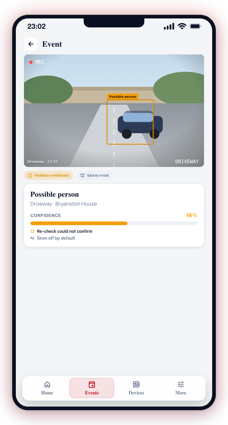 A medium-confidence detection is drawn with a yellow bounding box; the siren is off by default.