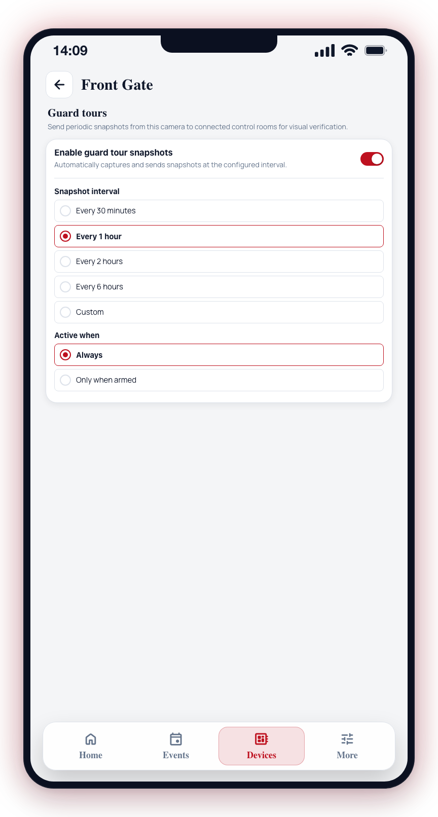 With the toggle on, the Snapshot interval and Active when settings appear.