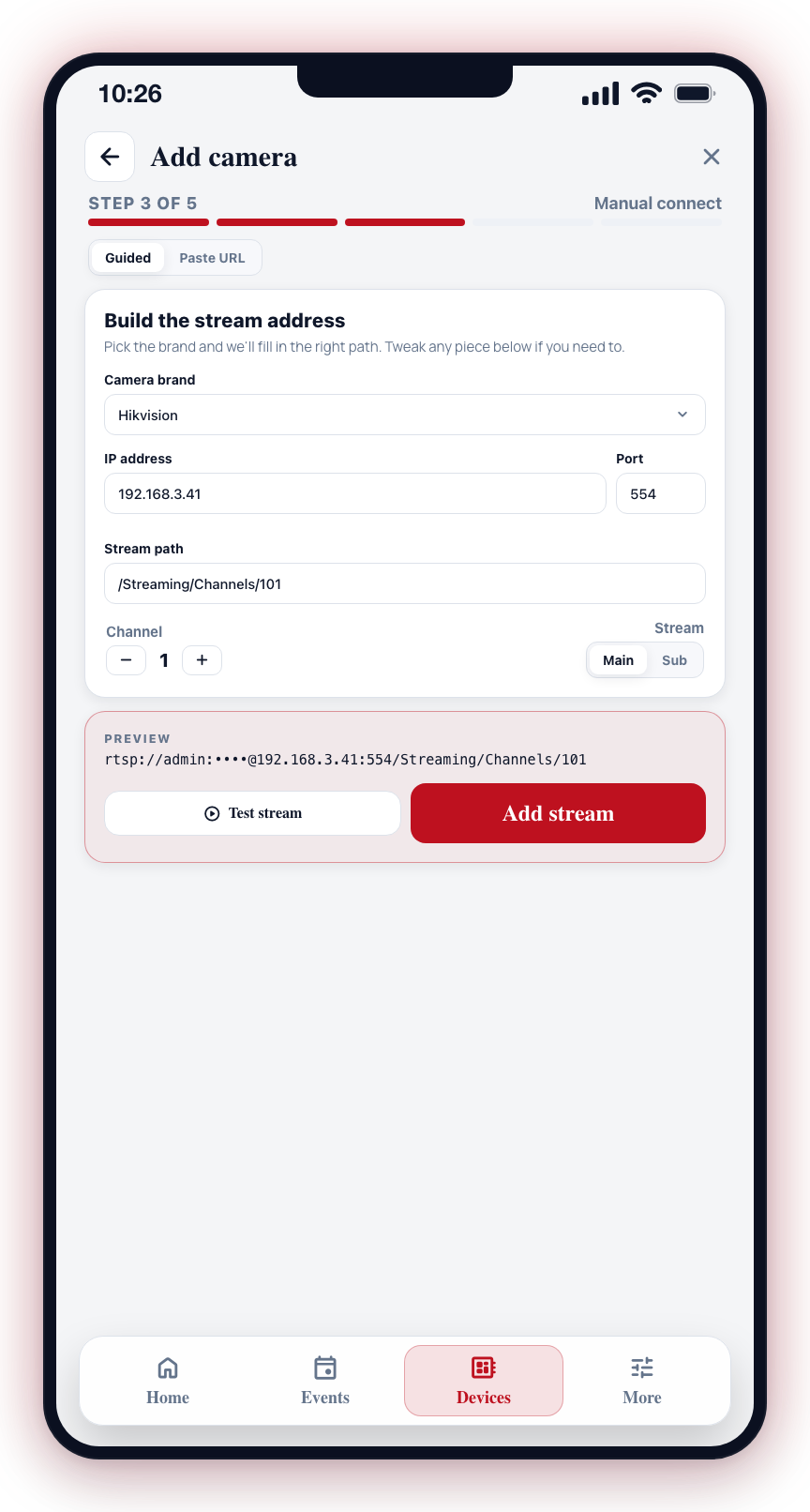 Manual connect: build the RTSP address, preview it, then Test stream and Add stream.