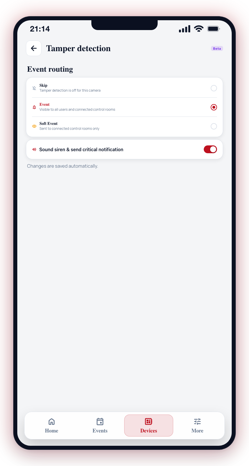 Pick how a tamper is routed; the siren toggle appears once Event is selected.