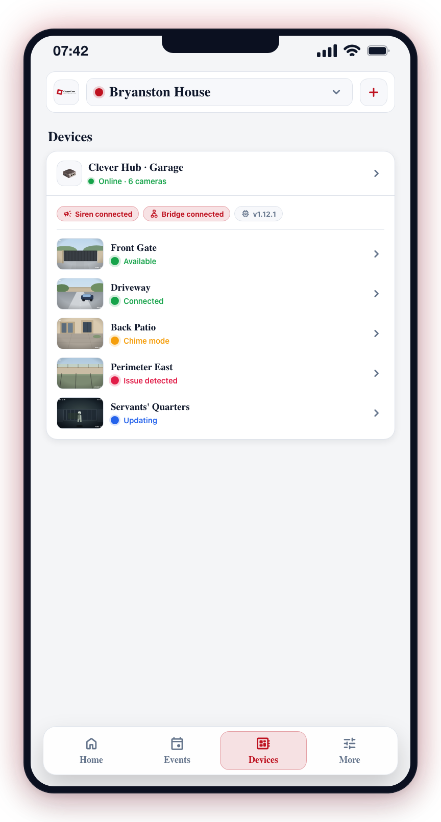 Tap a camera to open its camera sheet, or a hub to see its connected cameras.