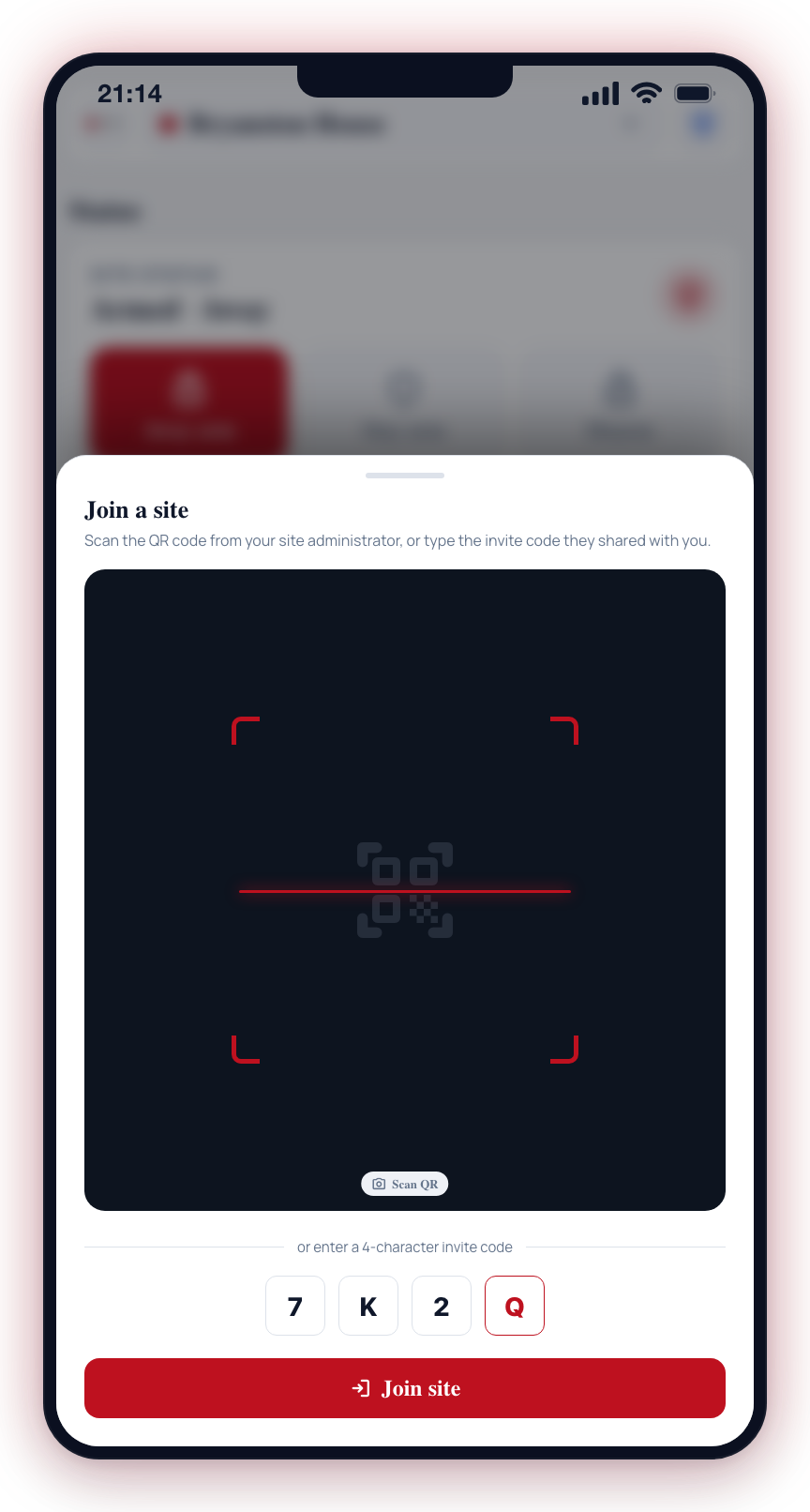 Joining a site by QR code or invite code.