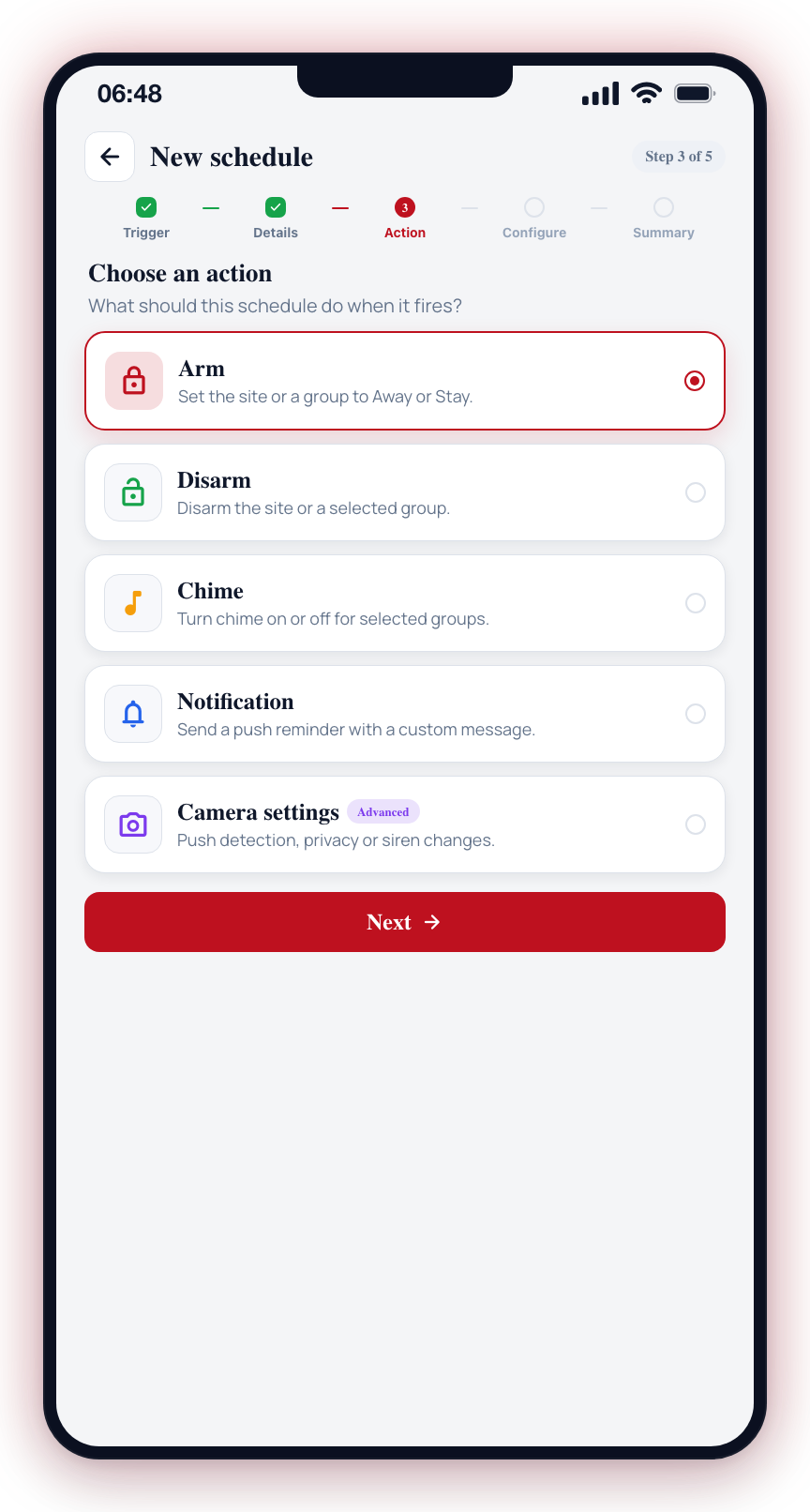 Step 3 (Action): pick what the schedule does — arm, disarm, chime, notification, or camera settings.