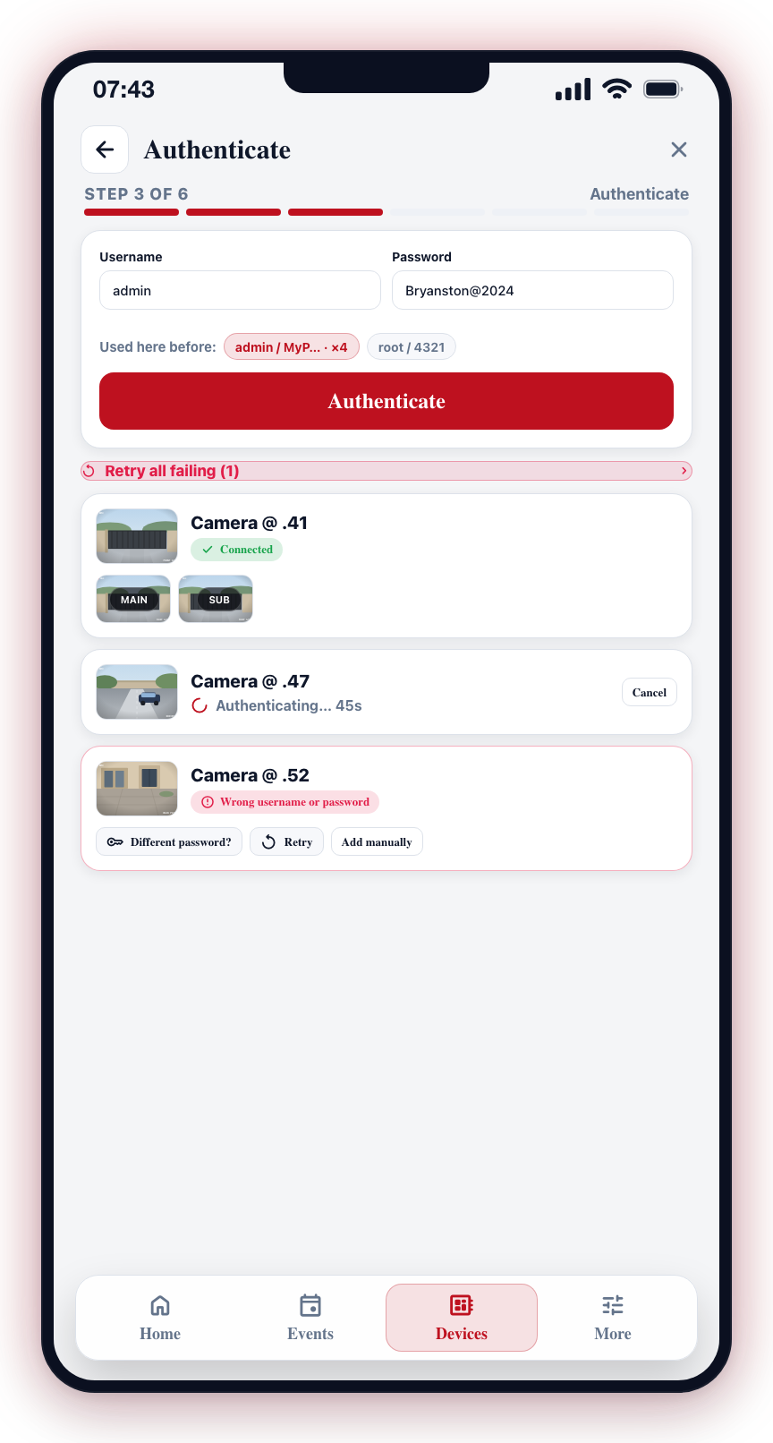 Each camera shows its own state: Connected (with a thumbnail strip), authenticating with a live countdown, or Failed with retry options.