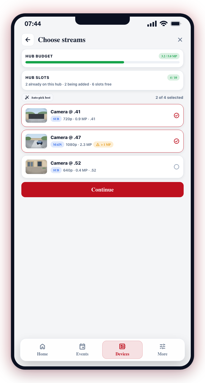 The HUB BUDGET and HUB SLOTS cards track megapixel usage and the hard 10-stream limit as you select MAIN/SUB streams.