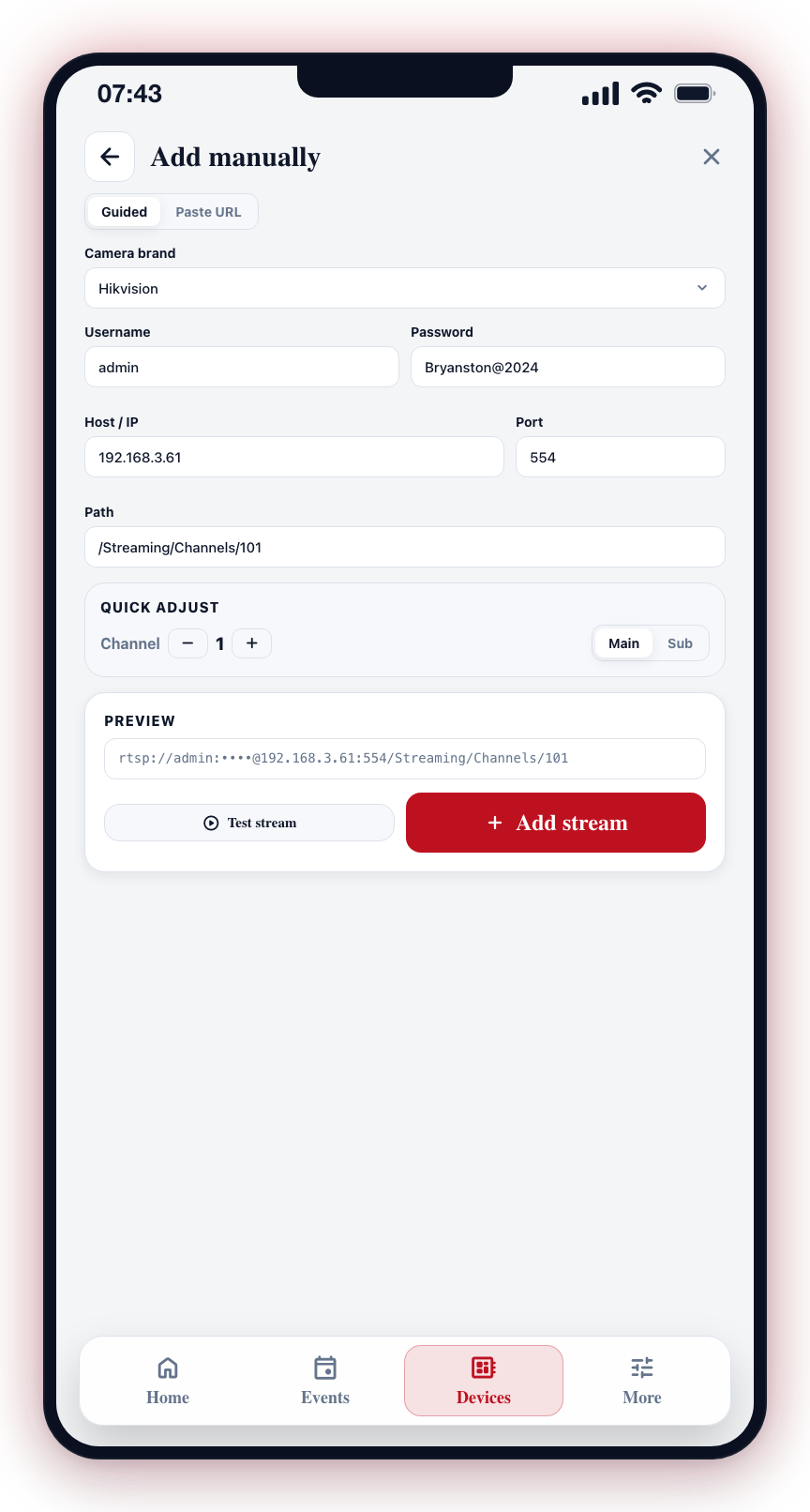 Pick a brand to fill the path, edit each field, use Quick Adjust for channel/sub-main, and Test or Add from inside the live Preview card.