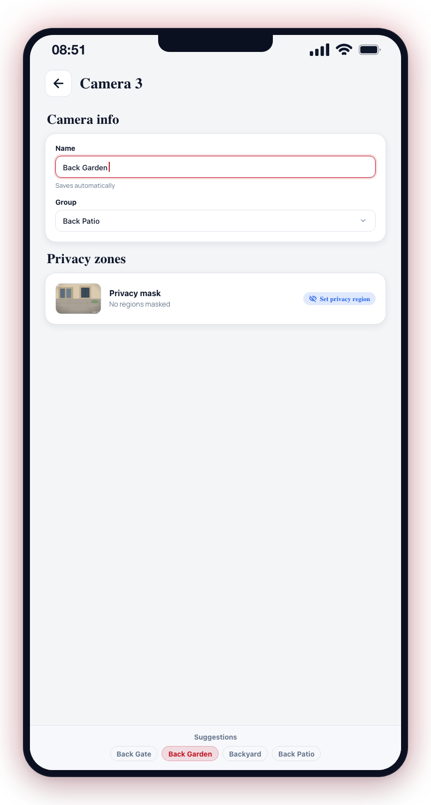 Tap the name field under Camera info and type a new name -- it saves automatically.