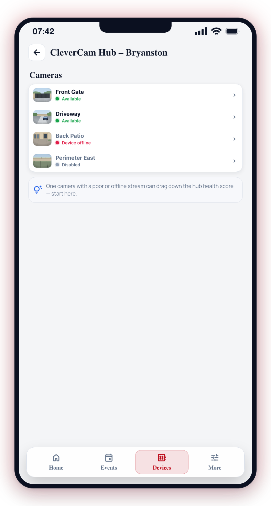 Cameras connected to this hub, each with a live status; tap a row to open its settings.