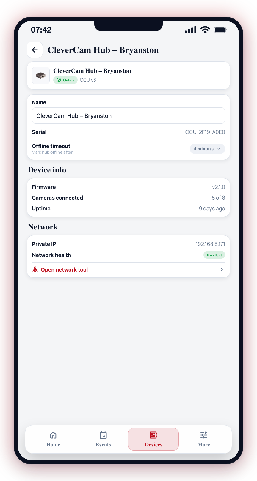The hub details screen: name, serial, firmware, IPs, network health and connected cameras.