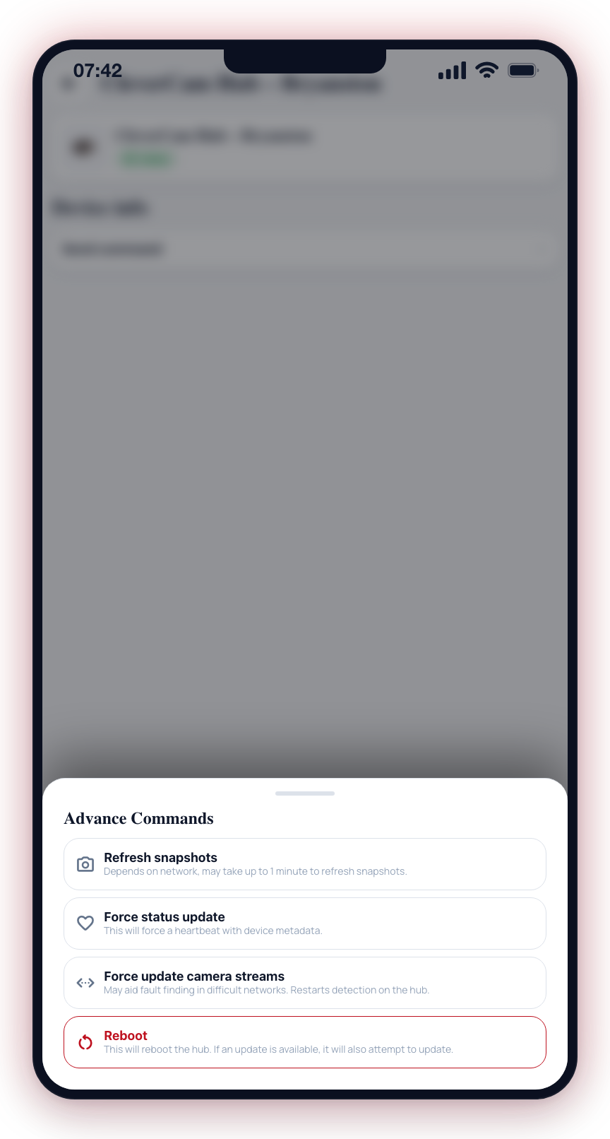 Open Send command and tap Reboot to restart the hub remotely; a pending update is applied too.