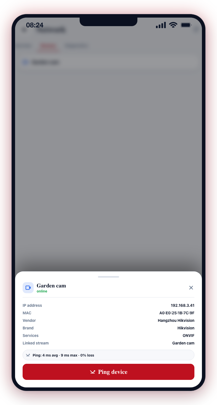 Tap a device to see its details and tap Ping device to ping it from the hub.