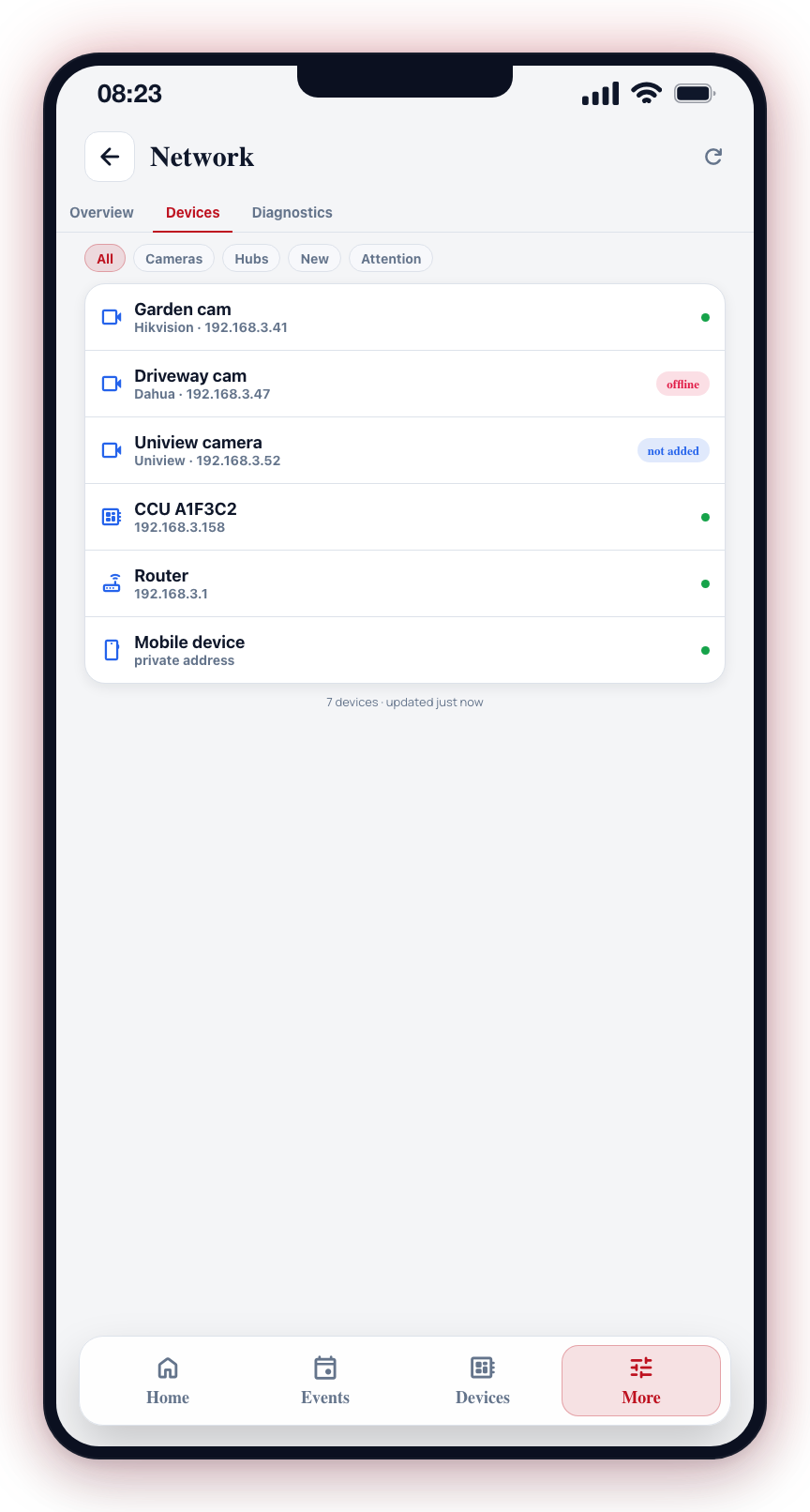 The Devices tab: filter chips over a flat inventory — linked cameras show their stream name, with offline and not-added badges.