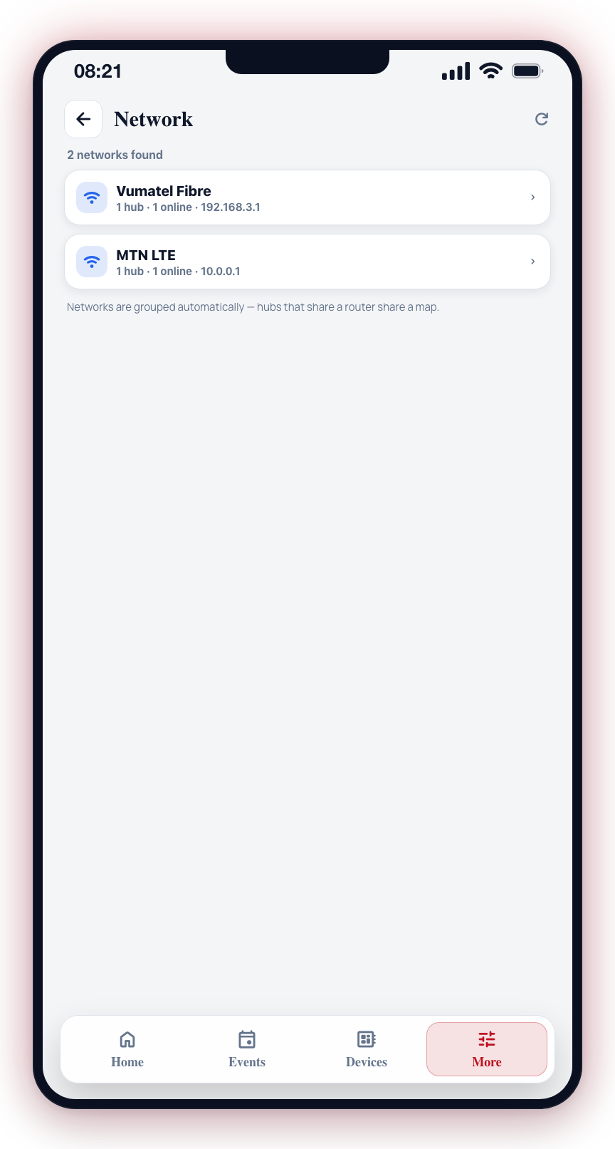 Sites with more than one network show one card per network — tap one to open its map.