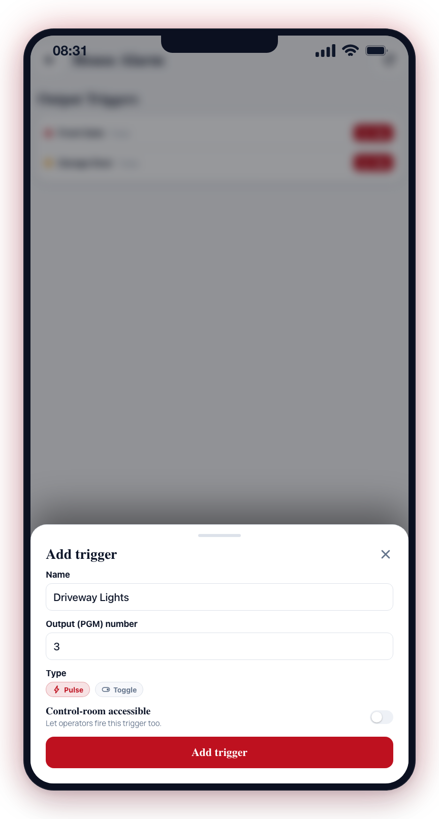 Tap Add Trigger to name a new output, set its PGM number and choose Pulse or Toggle.