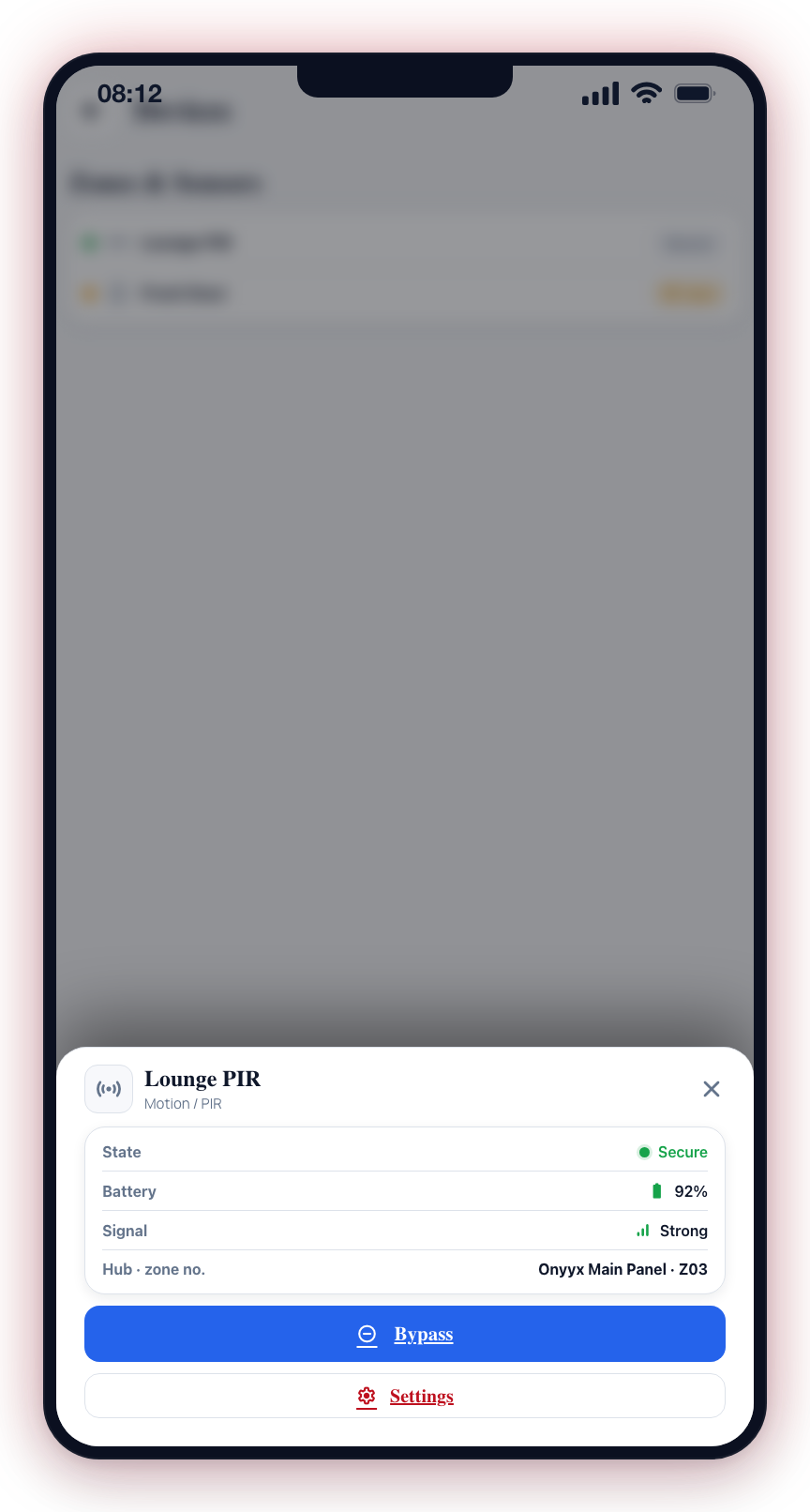 From the Devices tab, tapping a zone opens its info sheet with state, battery, signal, Bypass and Settings.