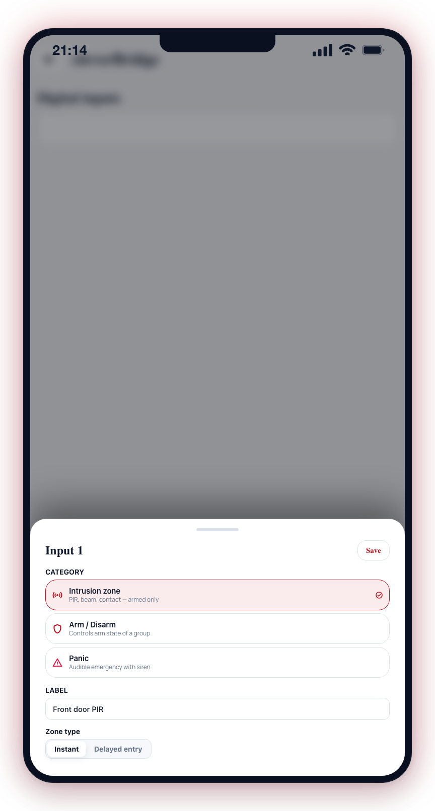 Tapping an input opens a sheet to pick its category, set a label, and category-specific options.