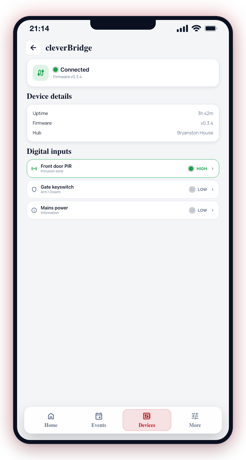 The cleverBridge screen: connection status, device details, and digital inputs.