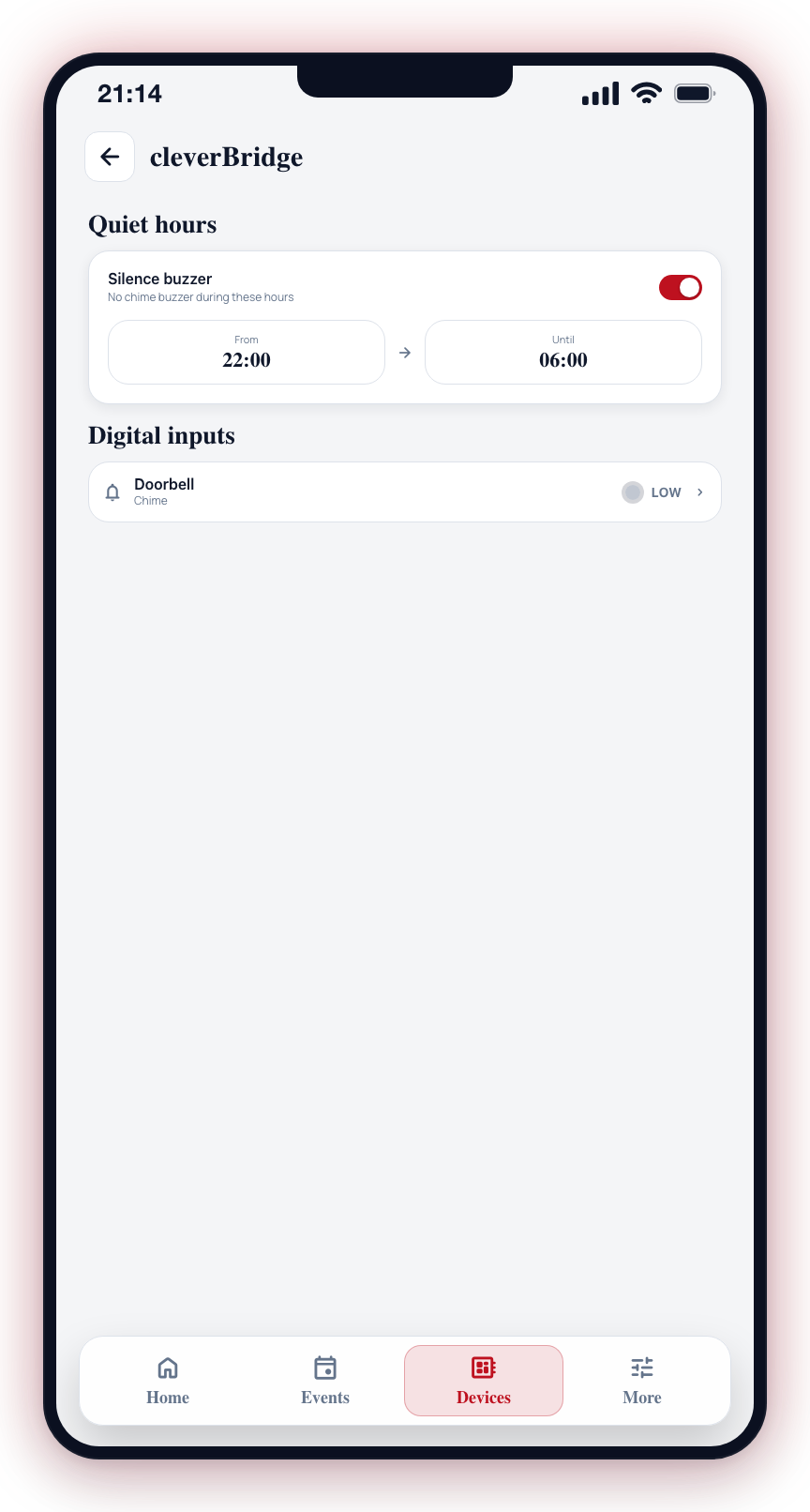 Enable Silence buzzer, then tap From / Until to set the quiet window.